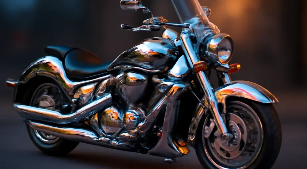 Motorcycle with full mirror-like chrome fairings showcasing the reflective and color-shifting qualities detailed in the article.