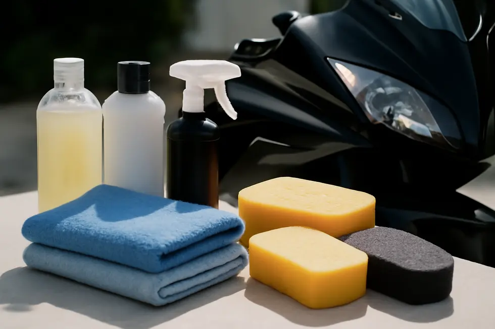 Essential cleaning materials arranged for safe and effective motorcycle fairing care.