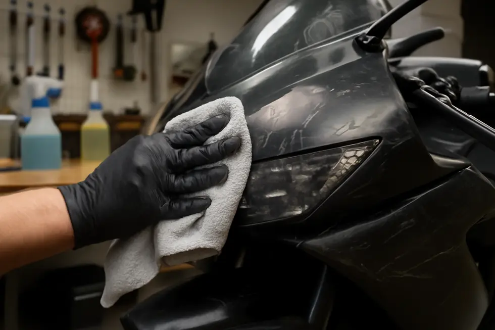 Initial cleaning and scratch depth assessment on a motorcycle fairing in a professional workshop.