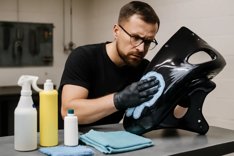 Technician meticulously cleaning motorcycle fairings to ensure optimal buffing results.