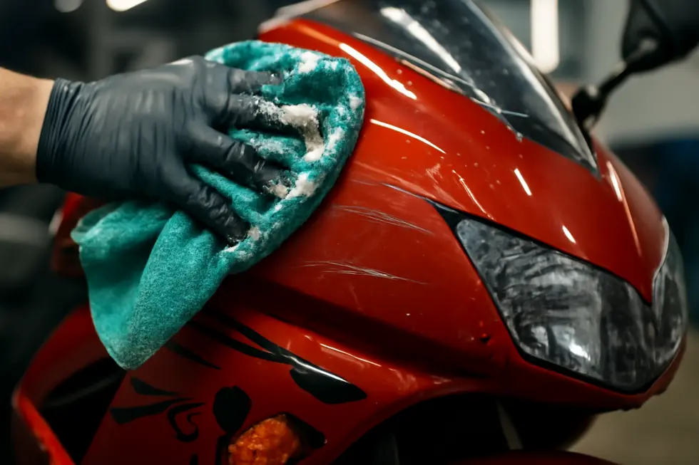 Technician cleaning a motorcycle fairing meticulously, preparing the surface for scratch repair.