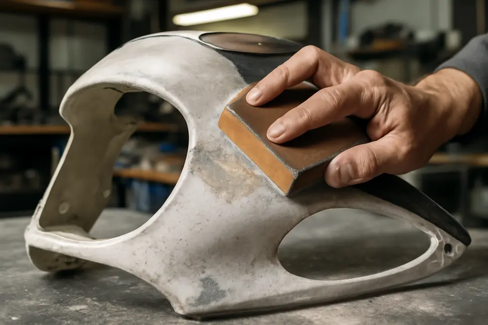 Precise cleaning and sanding of a motorcycle fairing ready the surface for effective fiberglass repair.