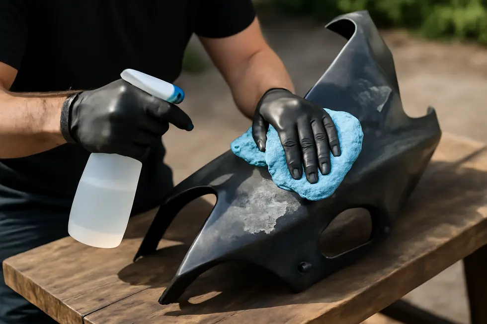 Technician preparing a motorcycle fairing surface by thorough cleaning to ensure proper paint adhesion.