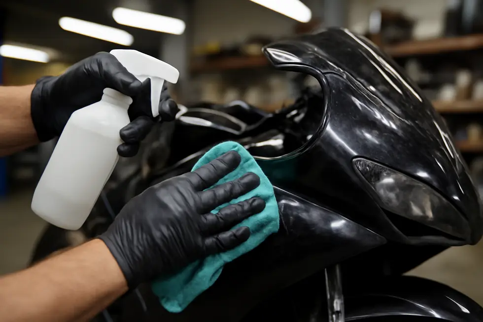 Thorough cleaning eliminates dirt and grease to guarantee paint adhesion on motorcycle fairings.