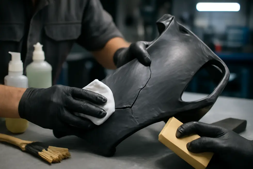 Technician preparing a damaged motorcycle fairing by cleaning and sanding to ensure optimal fiberglass resin adhesion.