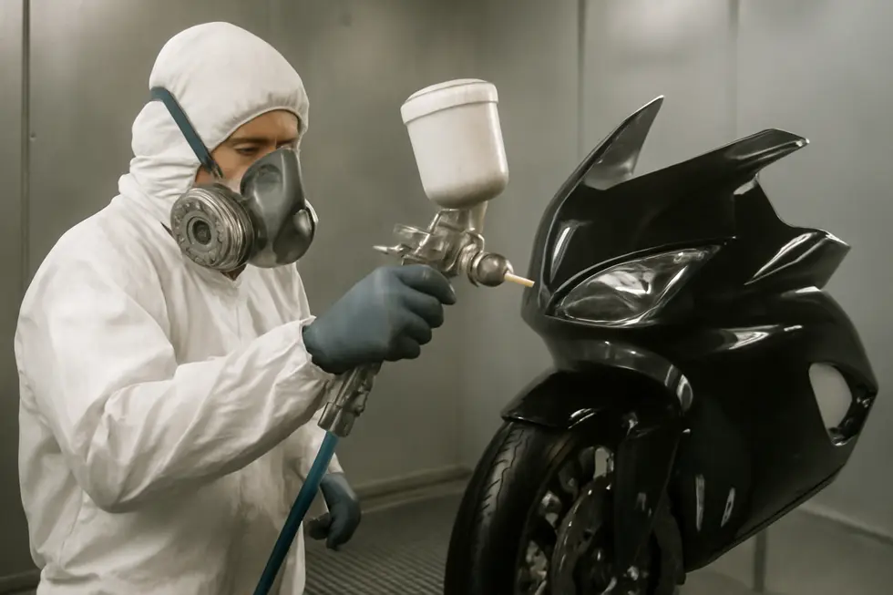 Careful sanding and cleaning prepare motorcycle fairings for optimal paint adhesion.