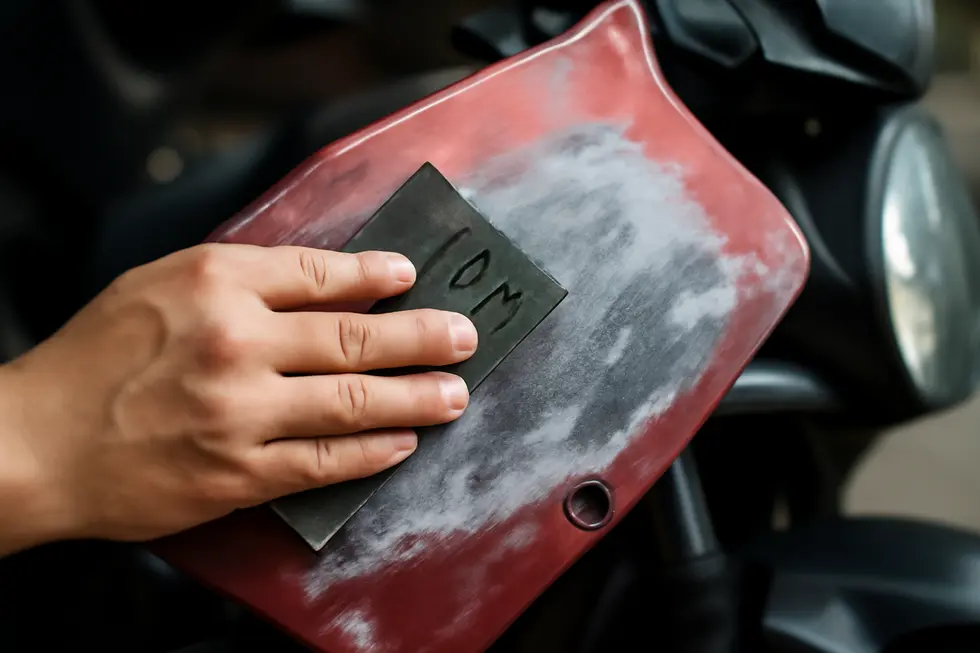 Thorough cleaning of motorcycle fairings prior to sanding removes contaminants for better adhesion.