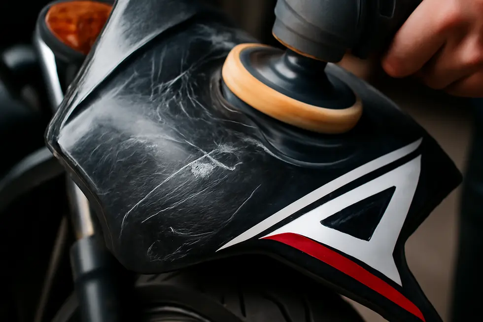 Careful cleaning of motorcycle fairings prepares surfaces for effective buffing and prevents contamination.