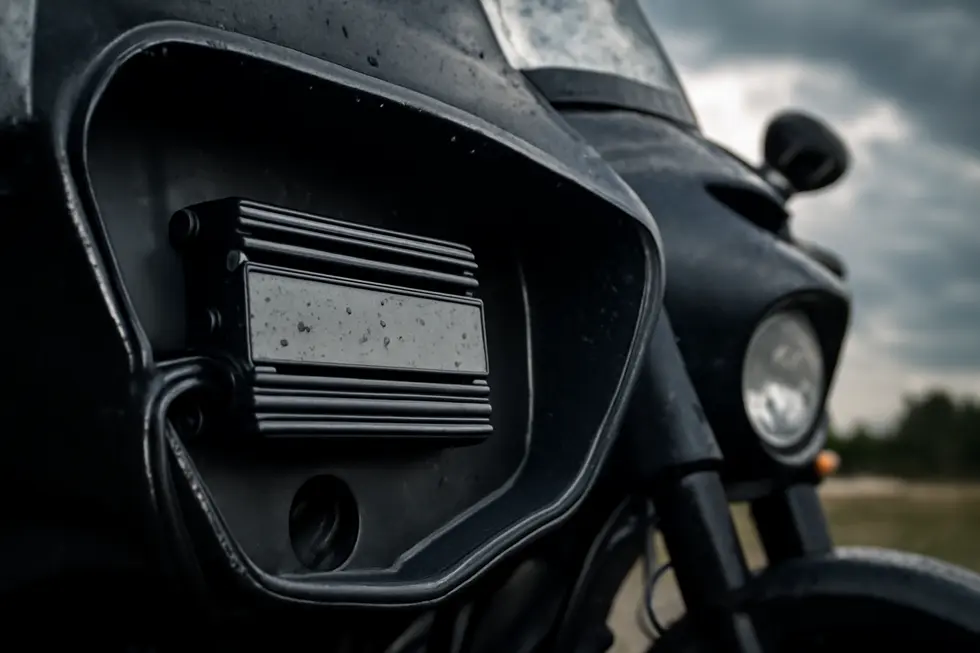 A compact, weather-resistant amplifier flawlessly integrated into a motorcycle fairing, showcasing durability and design.