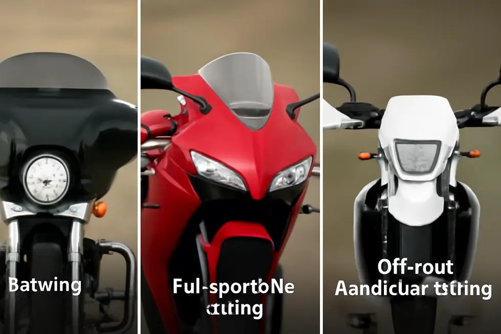 A diverse range of motorcycle fairings showcased in a retail environment with no direct representation of an ‘Airstream’ brand.