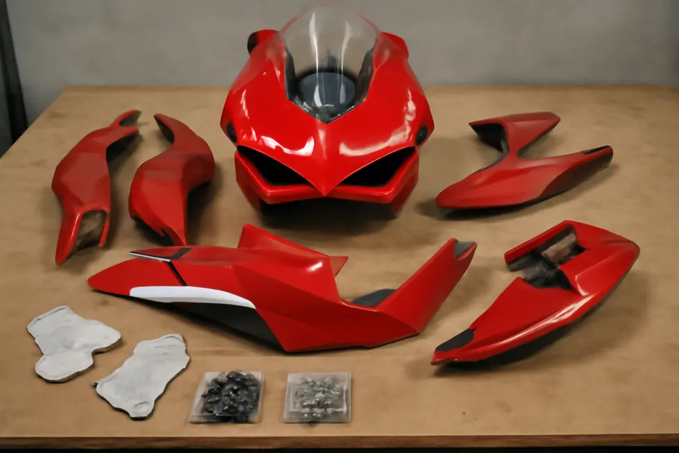 Injection-molded ABS plastic Ducati fairing with UV-protected multi-layer paint finish.