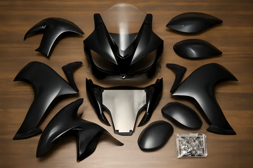 Visual comparison of motorcycle fairing types and materials used in manufacturing and retail.