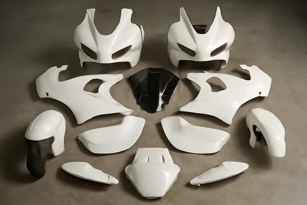 A complete set of motorcycle fairing components illustrating the comprehensive design of full kits.