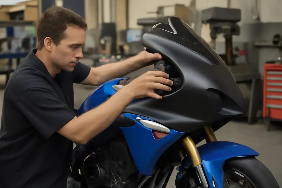 Technician installing a custom Corbin motorcycle fairing during the Ride-In service, highlighting bespoke customization.