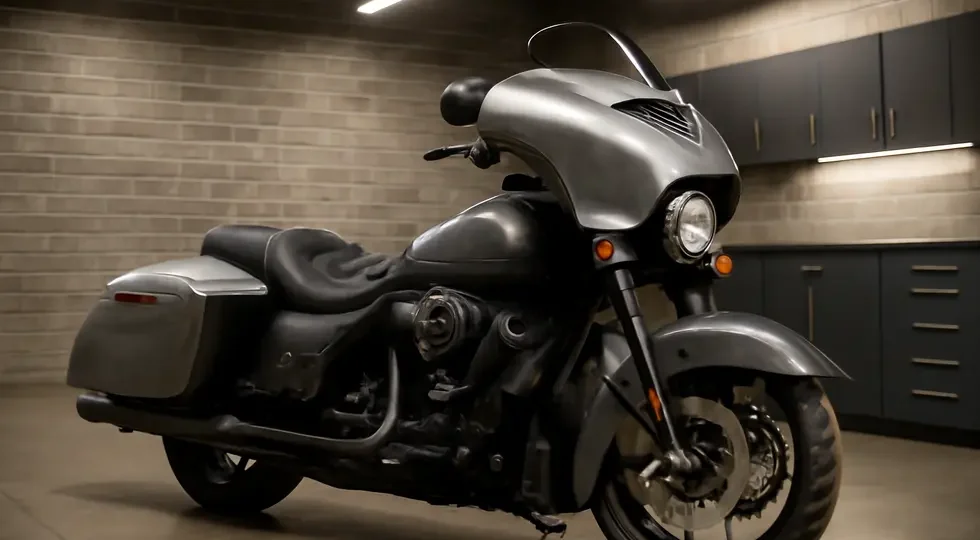 Premium motorcycle outfitted with Corbin custom seats, saddlebags, and bespoke fairings captured in a high-end garage setting.