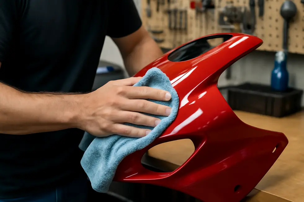 Careful cleaning of motorcycle fairings prepares surfaces for effective buffing and prevents contamination.