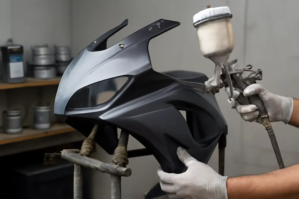 A professional motorcycle fairing being prepared and painted, illustrating the stages and associated costs of a quality paint job.