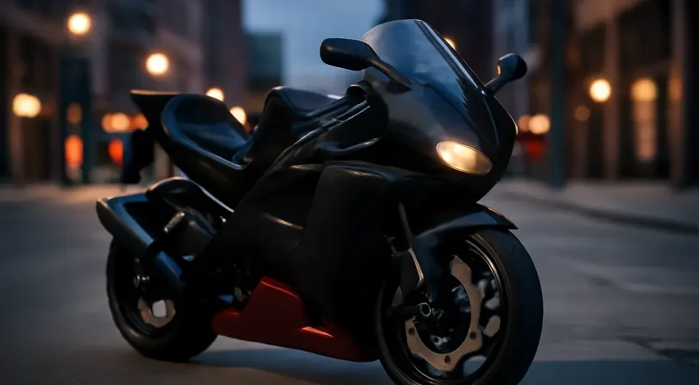 Modern motorcycle equipped with aerodynamic air tech fairings under ambient city lighting, representing style and performance.