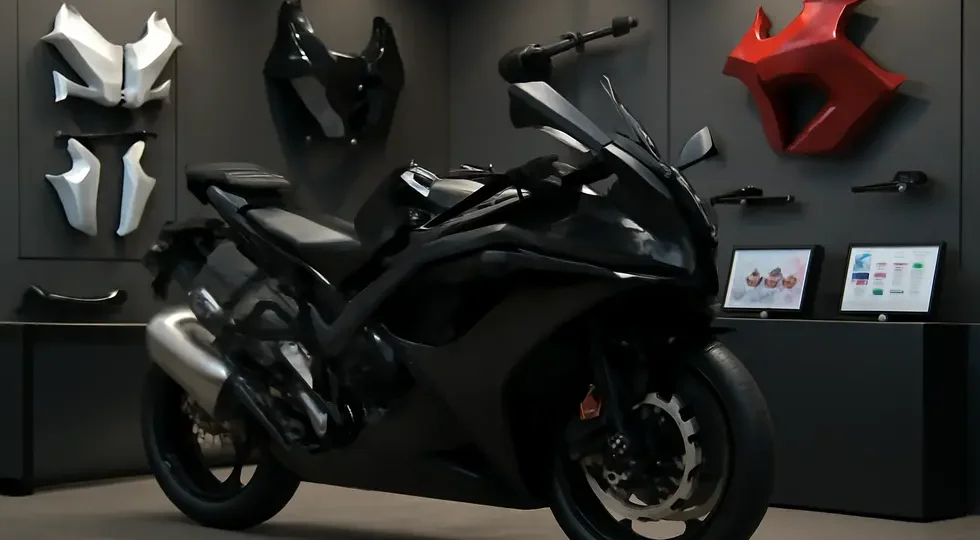 Showcase of a motorcycle with a premium custom fairing kit alongside panels and digital customization tools, capturing the essence of the aftermarket fairing market.