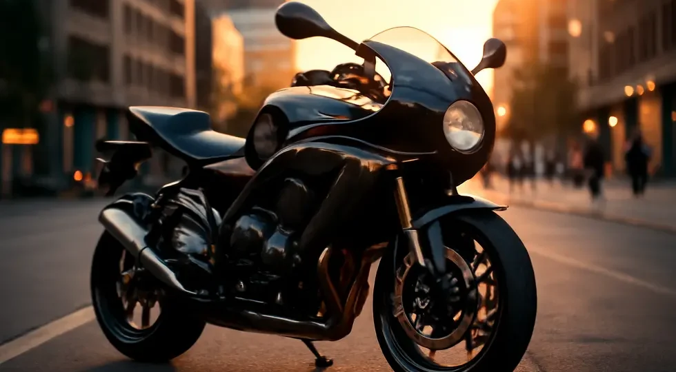 Sport motorcycle with a premium carbon fiber bikini fairing highlighted in warm sunset urban lighting.