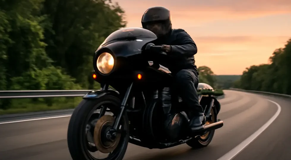 Motorcycle with bullet fairing cutting through open road at sunset, symbolizing style and aerodynamic efficiency.