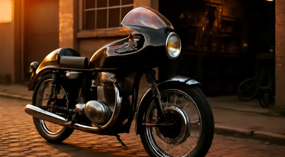 Vintage motorcycle with classic bullet fairing at sunset, symbolizing the fusion of timeless style and functional design.