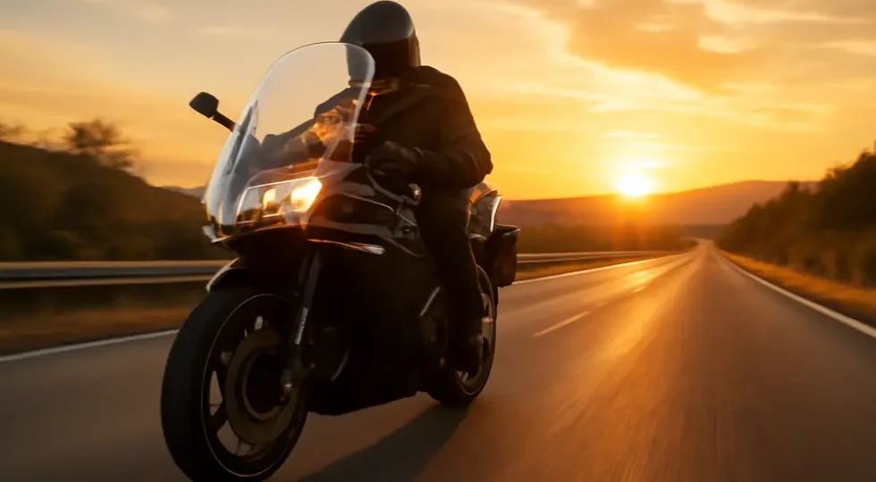 Clear motorcycle fairing on a motorcycle cruising a scenic highway, showcasing protection and style.