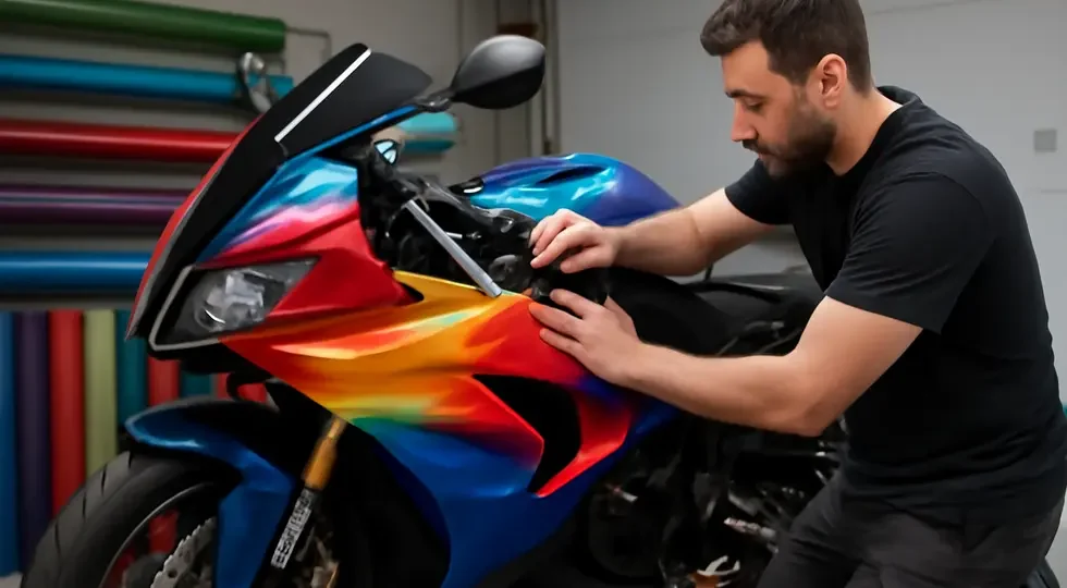 Professional application of a vibrant motorcycle vinyl wrap showcasing craftsmanship and quality.