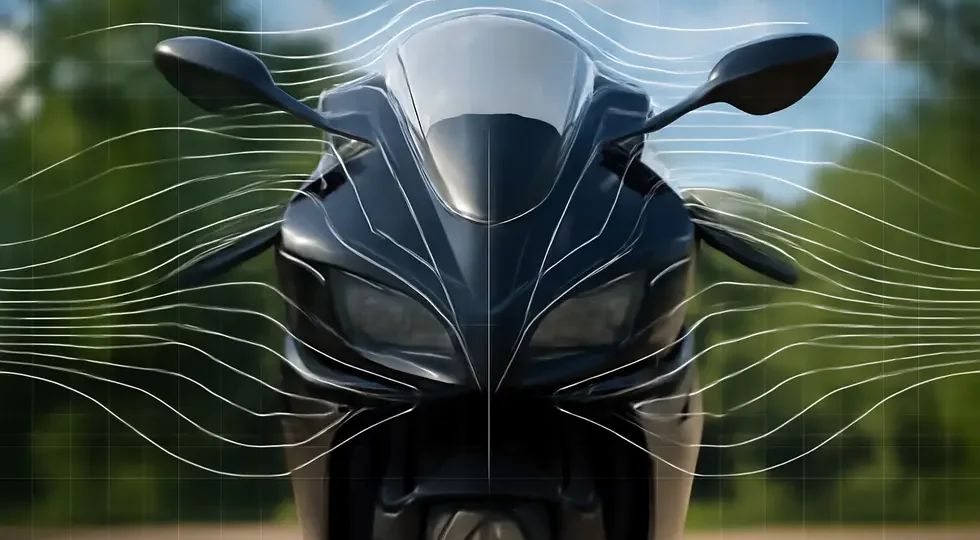 Modern motorcycle featuring a dead center aerodynamic fairing with airflow visualizations symbolizing performance and design symmetry.