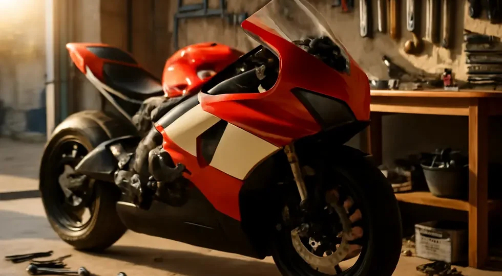 A racing motorcycle with sleek fairings secured by Dzus fasteners, symbolizing precision, quick-release functionality, and performance.