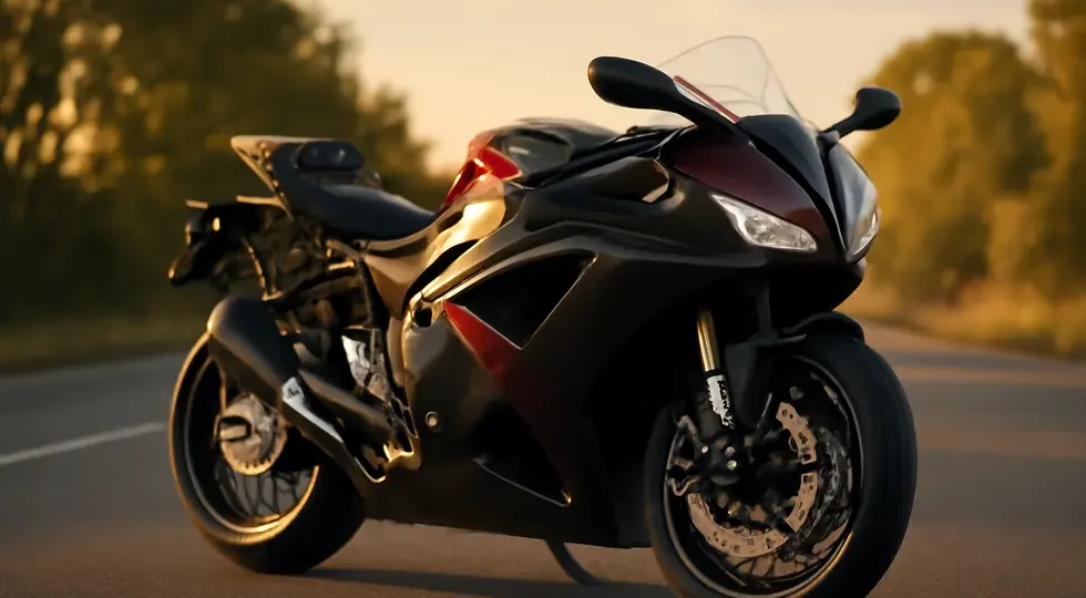 A fully fairing-equipped motorcycle showcasing aerodynamic design and stylish customization at sunset.