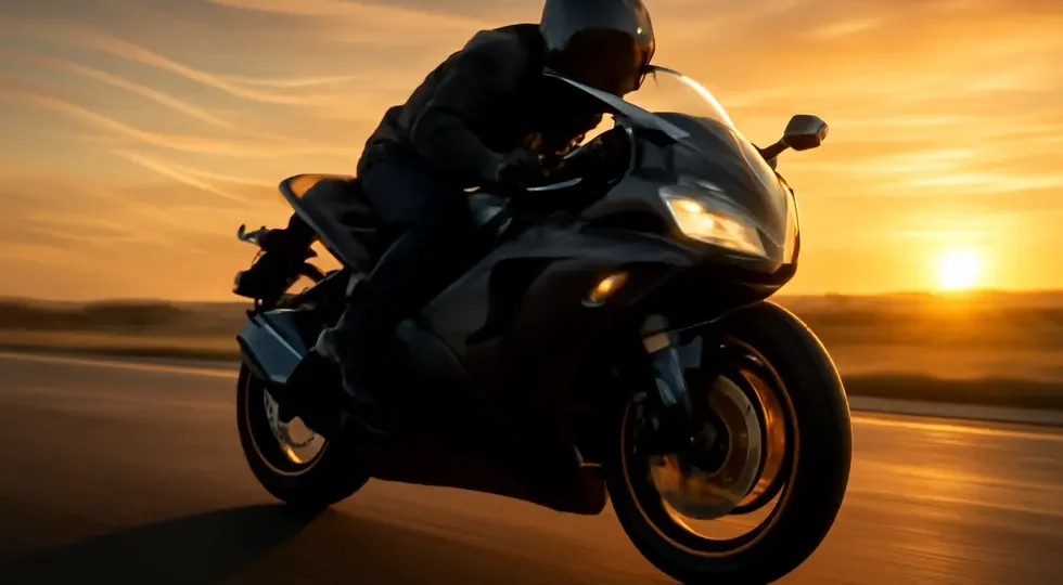 High-performance motorcycle showcasing sleek fairings on an open road at sunset, symbolizing style and function.