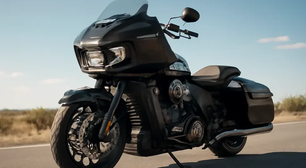 Indian Challenger motorcycle featuring a large fixed fairing designed for rider comfort and aerodynamic efficiency on open highways.