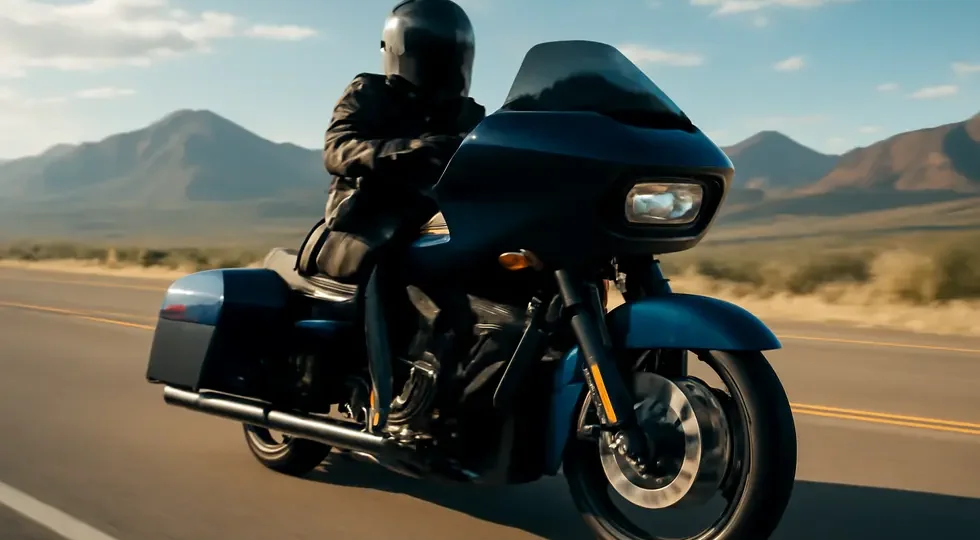 The Harley-Davidson Road Glide with fixed fairing exemplifies stability and touring performance on open highways.