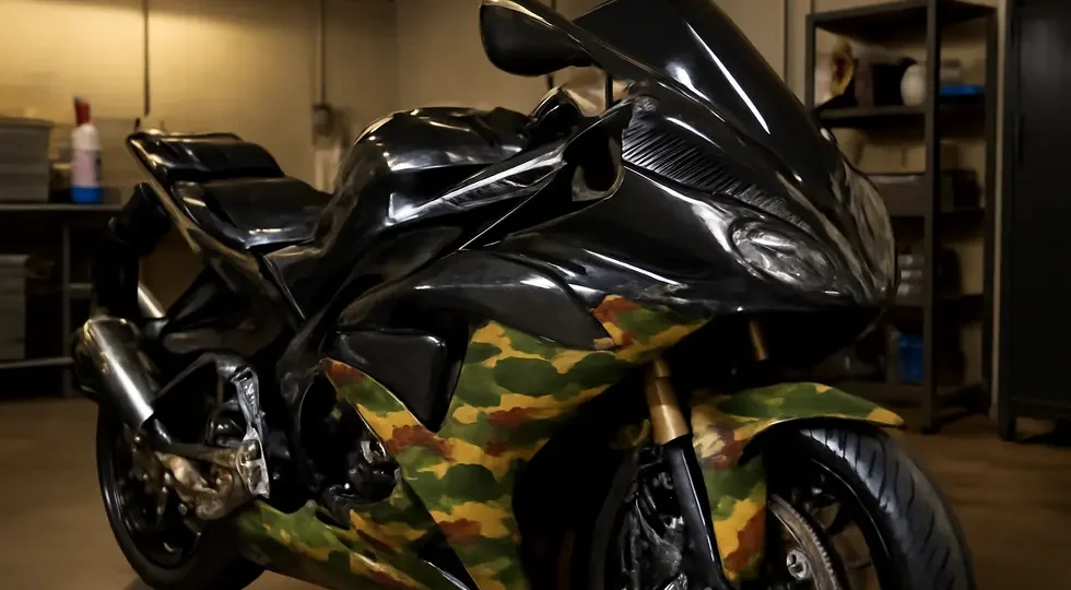 High-end motorcycle with glossy hydro dipped fairings featuring carbon fiber and camouflage patterns in a well-lit workshop.