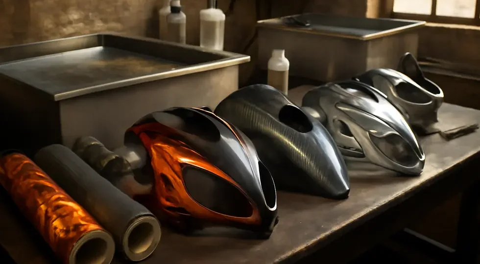 Vibrantly patterned motorcycle fairings displayed in a professional workshop, representing the art and technology of hydrographics.
