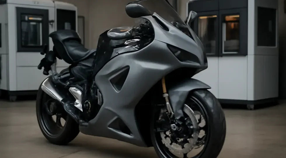 Sleek motorcycle outfitted with a cutting-edge, 3D-printed fairing demonstrating advanced design and manufacturing possibilities.