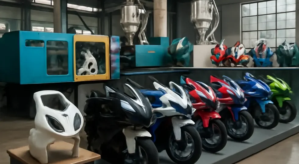 A contemporary Chinese manufacturing and showroom scene showcasing advanced production and diverse motorcycle fairing kits.