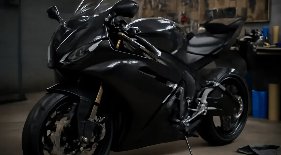 Glossy carbon fiber vinyl wrap applied on sportbike fairings in a professional workshop setting.