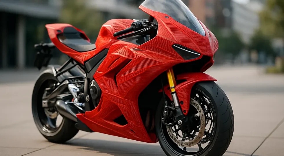 A modern motorcycle showcasing 3D printed fairings that highlight advanced design and manufacturing technology.