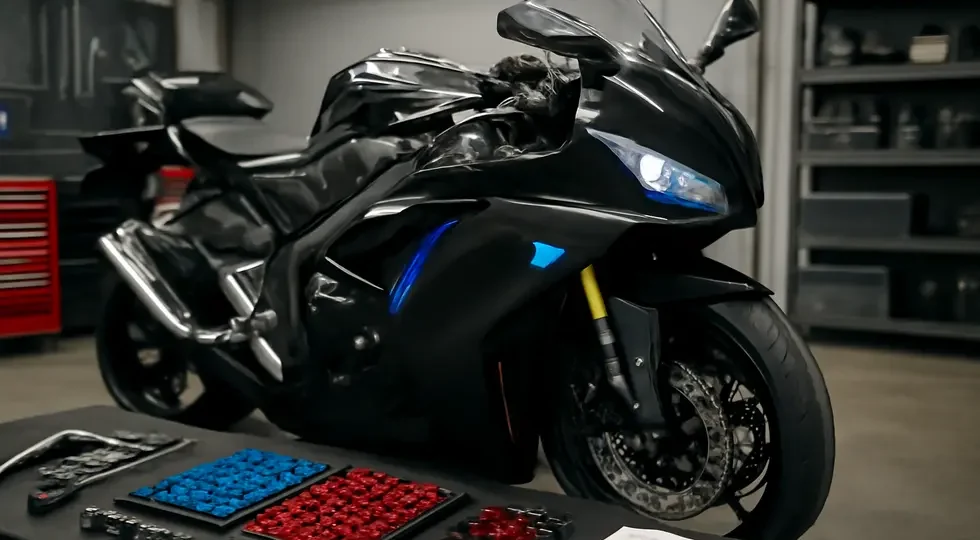Premium motorcycle sportbike featuring colorful anodized fairing bolt kits in a professional workshop setting.