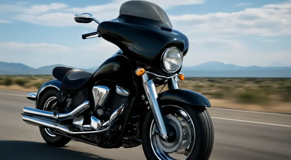 Yamaha Road Star equipped with a stylish batwing fairing cruising on an open road.
