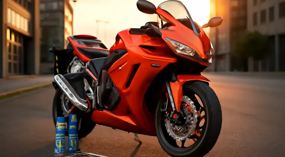 A motorcycle featuring vibrant Plasti Dip-coated fairings, highlighting customization and protective finishes in an urban setting.