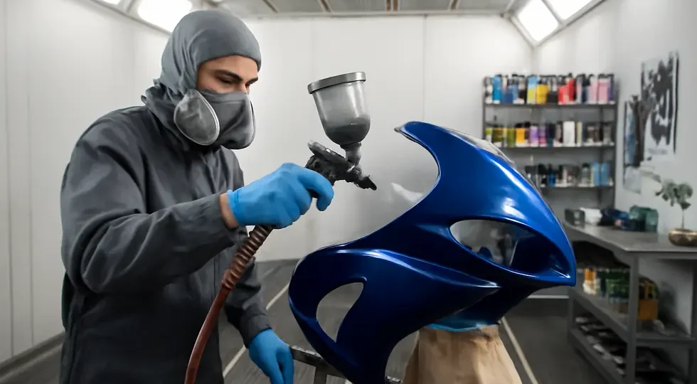 Professional spray painting of motorcycle fairings in a controlled environment ensures superior quality and finish.