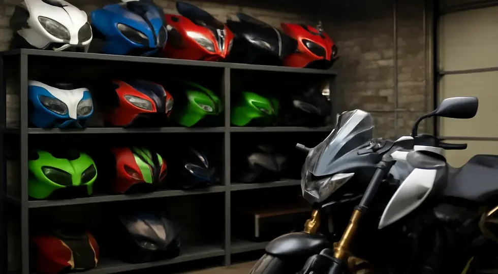 A detailed look at used motorcycle fairings displayed in a professional workshop, symbolizing sourcing, customization, and resale opportunities.