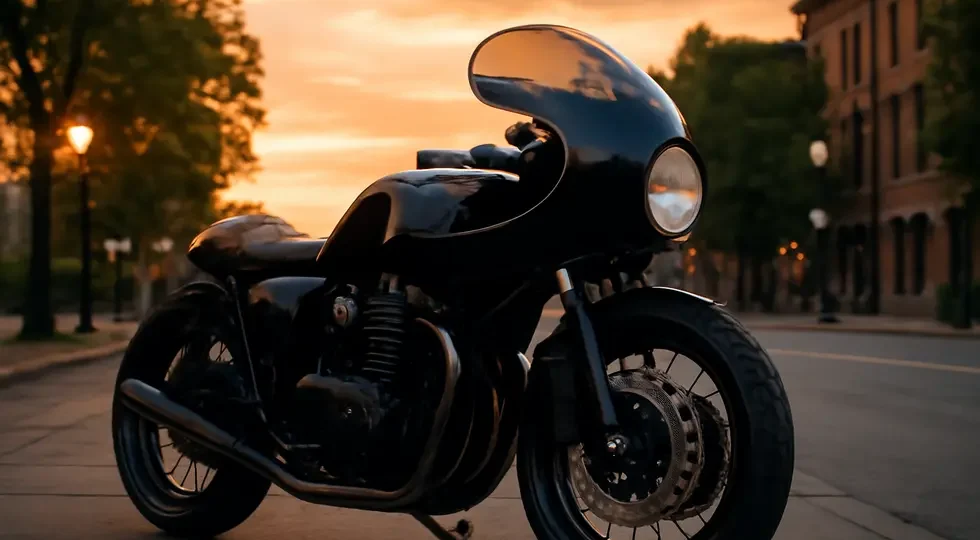 Cafe racer motorcycle with vintage bullet-shaped ABS fairing reflecting classic style and modern business opportunity.