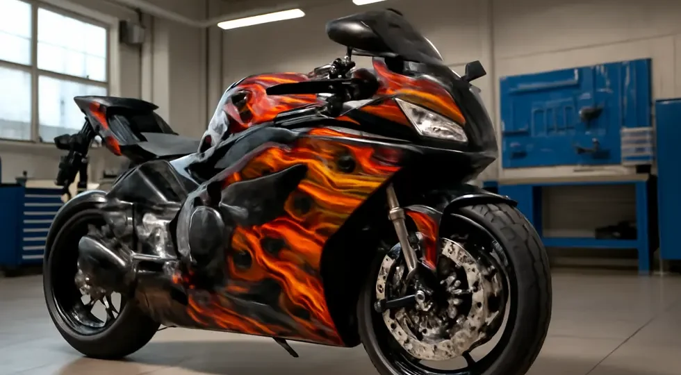 A sleek sport motorcycle showcasing an intricately airbrushed fairing combining flames and carbon fiber motifs in a professional workshop environment.