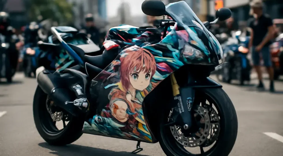 Sport motorcycle with detailed anime-themed fairings showcased in an urban environment illustrating the fusion of anime culture and motorcycle design.