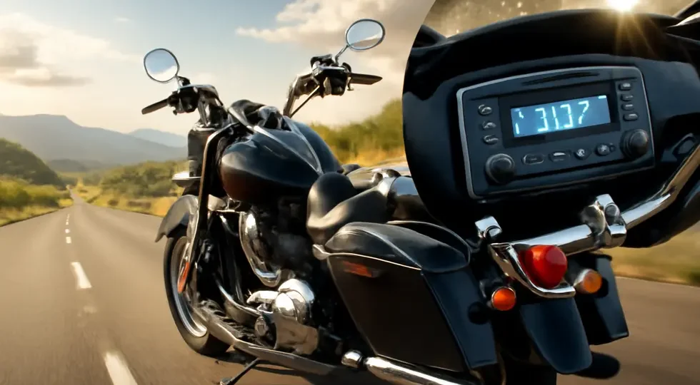 Motorcycle equipped with a premium fairing radio, highlighting technology integration and rugged design.