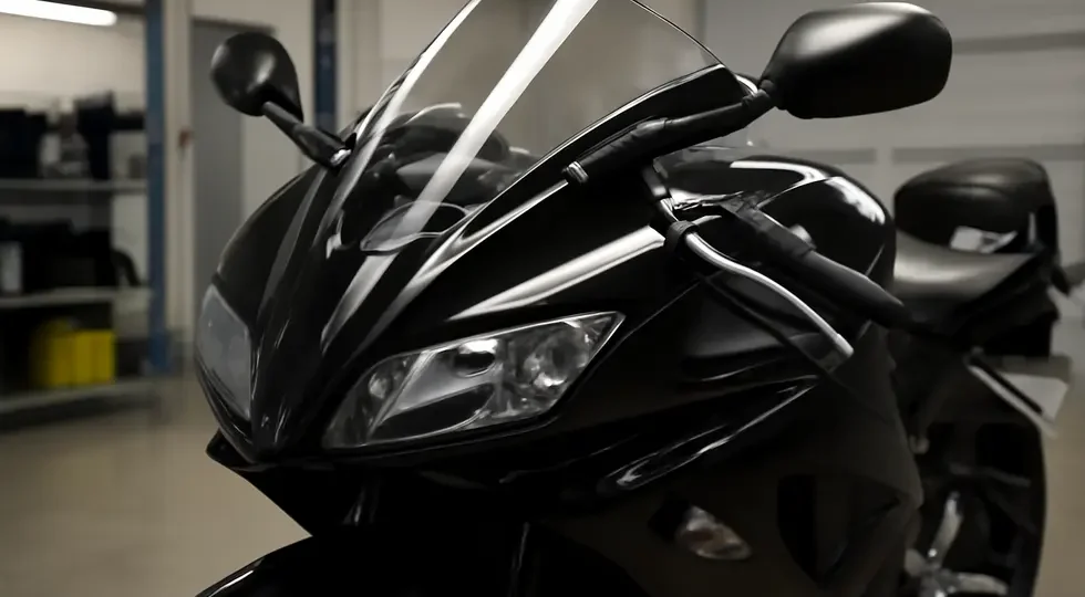 A pristine motorcycle fairing brilliantly clean of bug residue, showcasing expert care and maintenance.